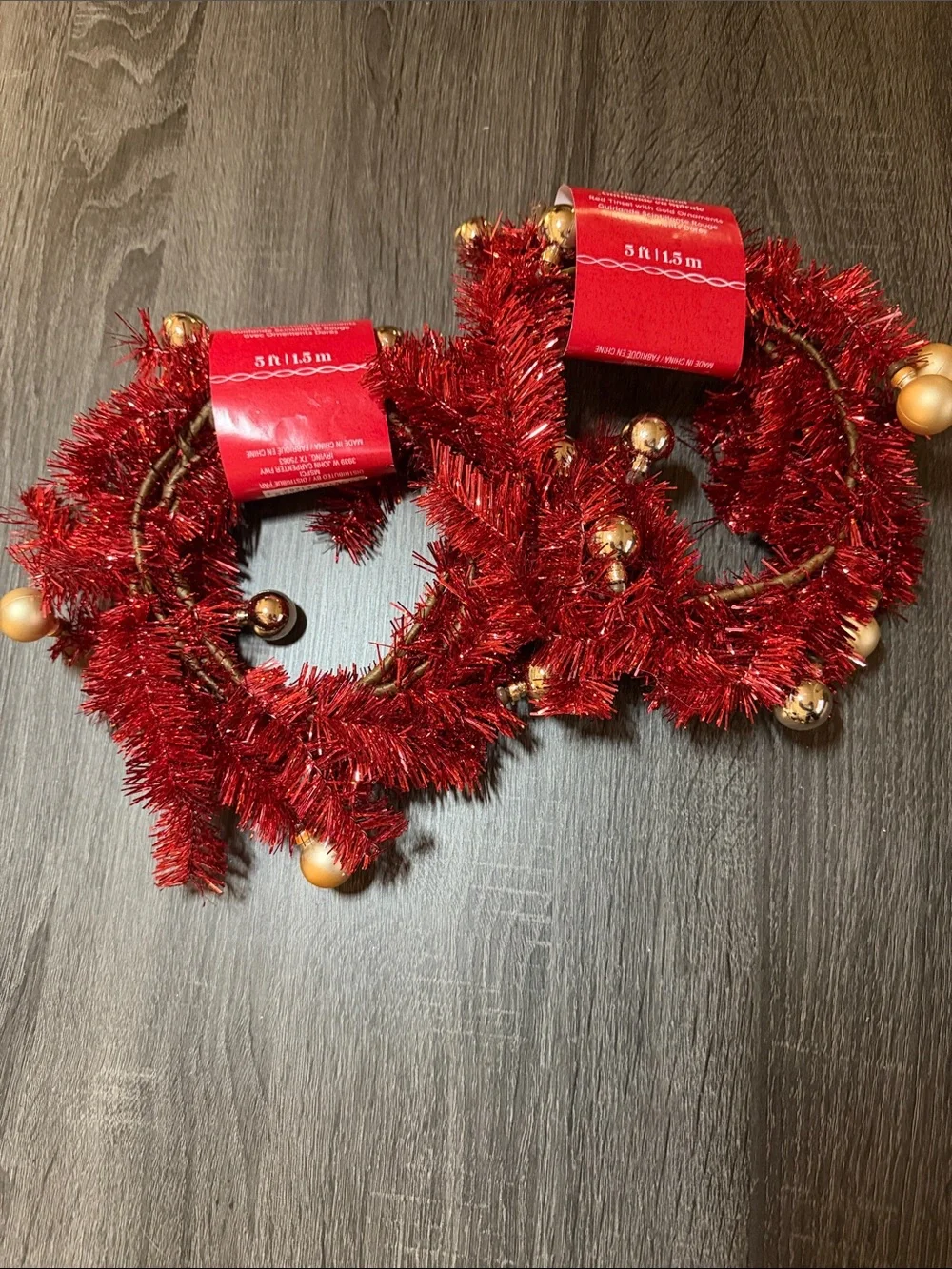 Red Tinsel Garland with Gold Ornaments - Set of 2